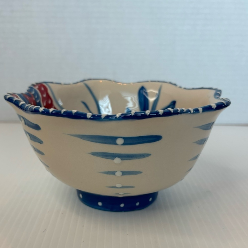 Blue Sky Ceramics Pedestal Scalloped Bowl Heather Goldminc RED BLUE FLOWERS - Picture 2 of 9